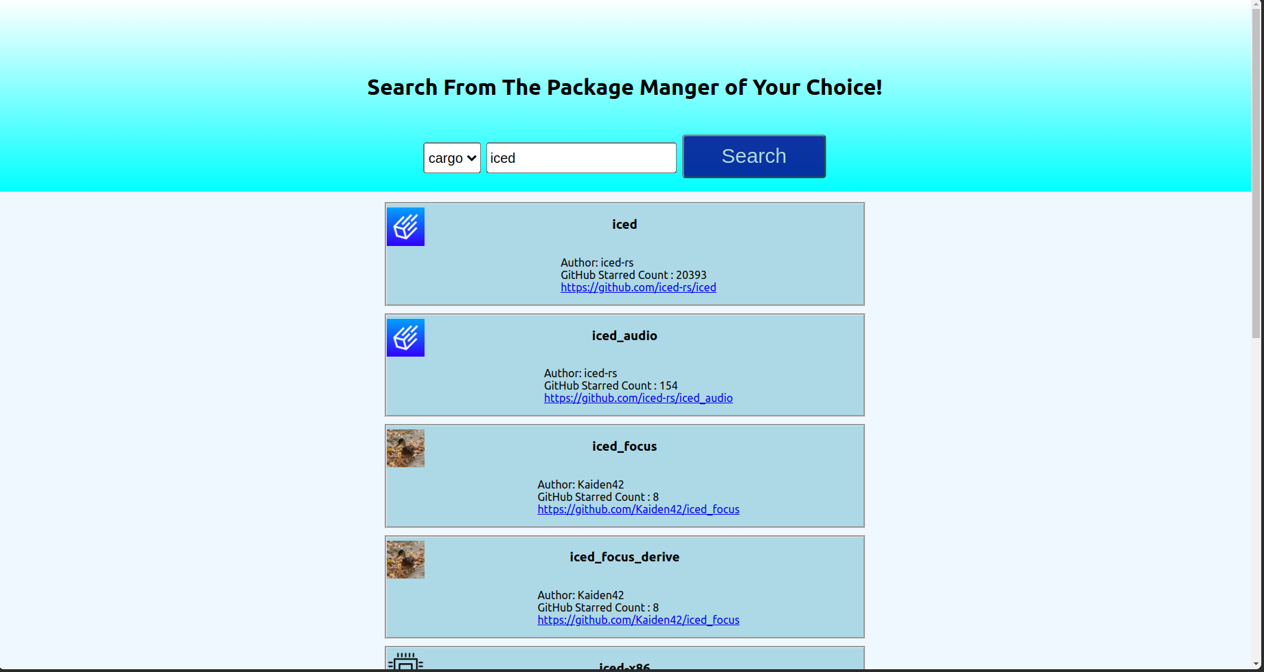 A screenshot of the pkg-searcher web app