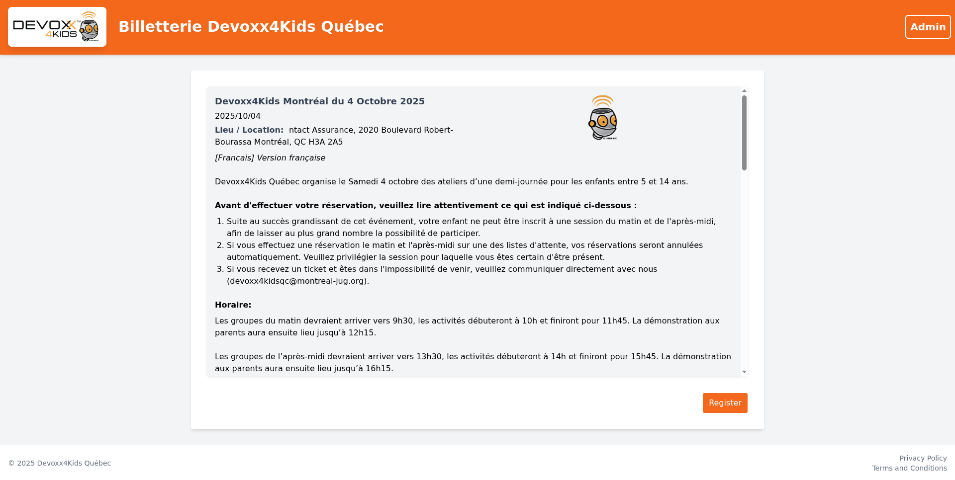 A screenshot of Devoxx4kids Quebec registration website